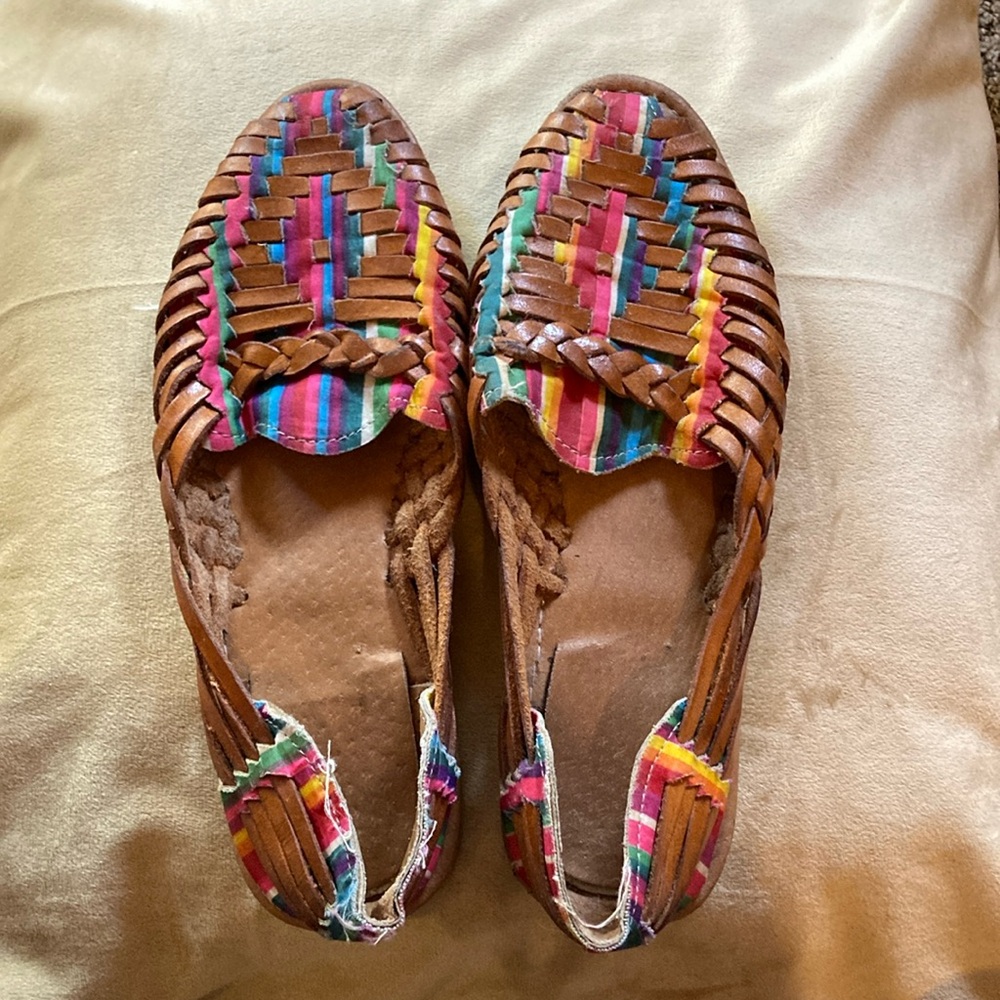 Leather and rainbow fabric huaraches